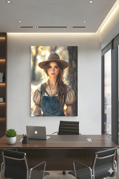 16K HD Golden Hour Farmgirl Retro Poster featuring a Rustic Cowgirl for a Western Decor Den