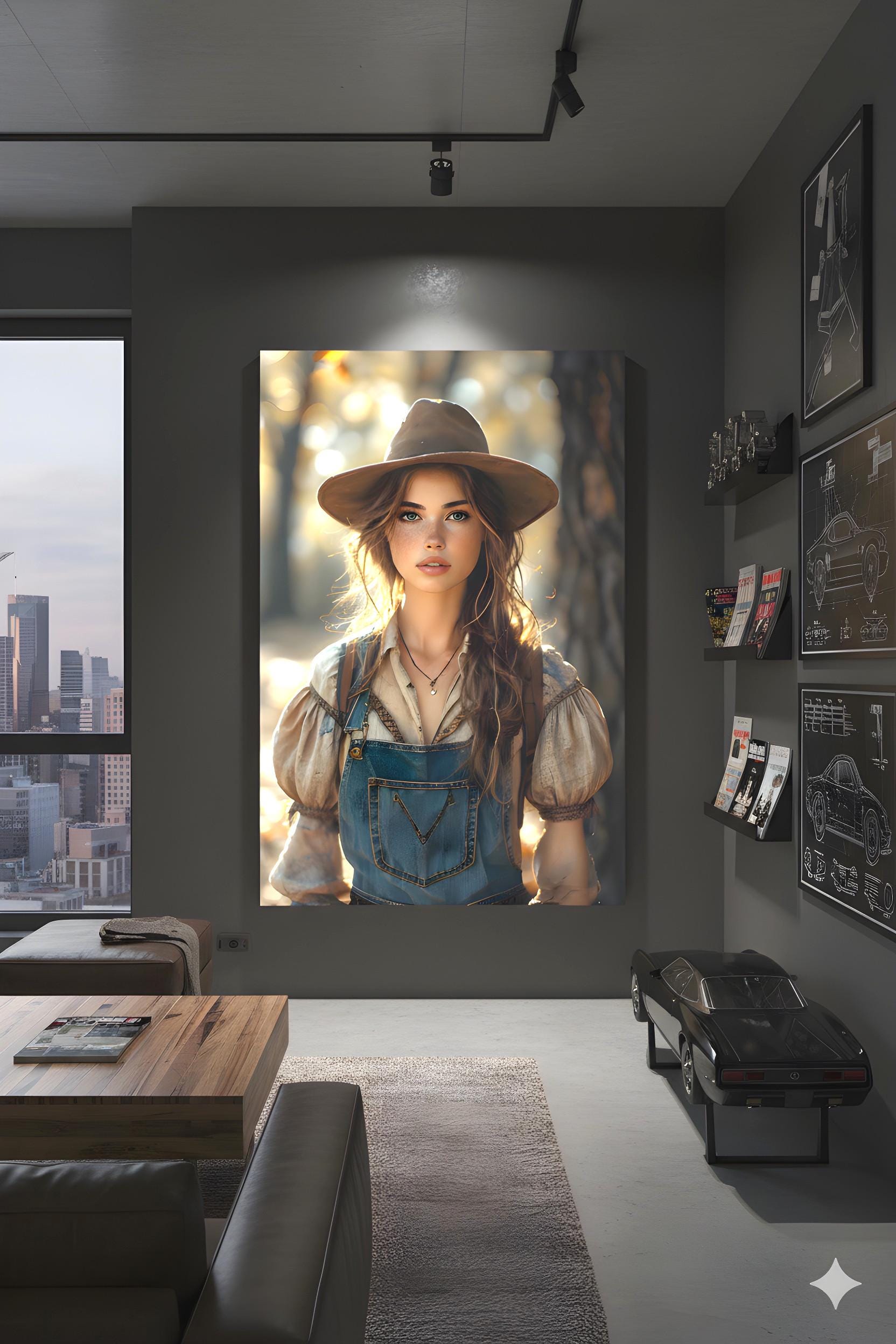 16K HD Golden Hour Farmgirl Retro Poster featuring a Rustic Cowgirl for a Western Decor Den