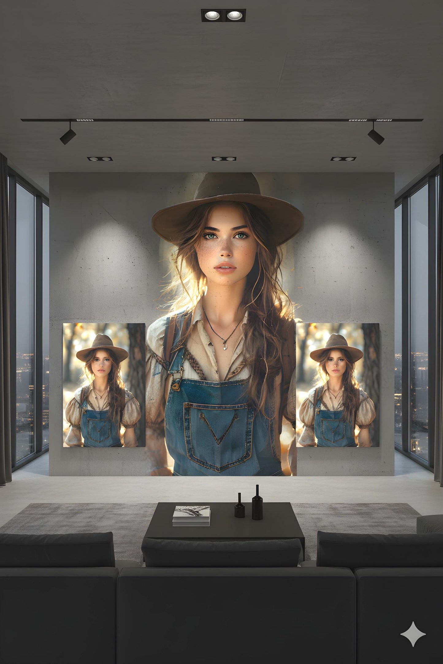 16K HD Golden Hour Farmgirl Retro Poster featuring a Rustic Cowgirl for a Western Decor Den