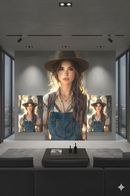 16K HD Golden Hour Farmgirl Retro Poster featuring a Rustic Cowgirl for a Western Decor Den