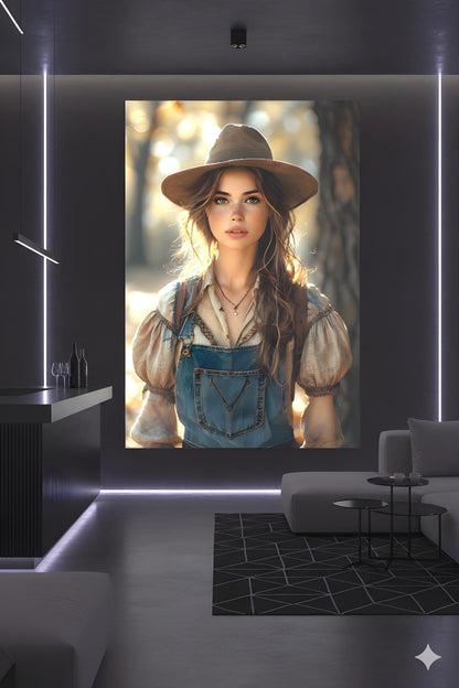 16K HD Golden Hour Farmgirl Retro Poster featuring a Rustic Cowgirl for a Western Decor Den