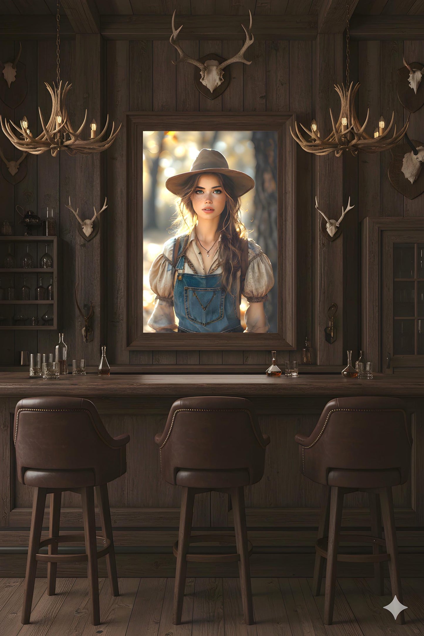 16K HD Golden Hour Farmgirl Retro Poster featuring a Rustic Cowgirl for a Western Decor Den