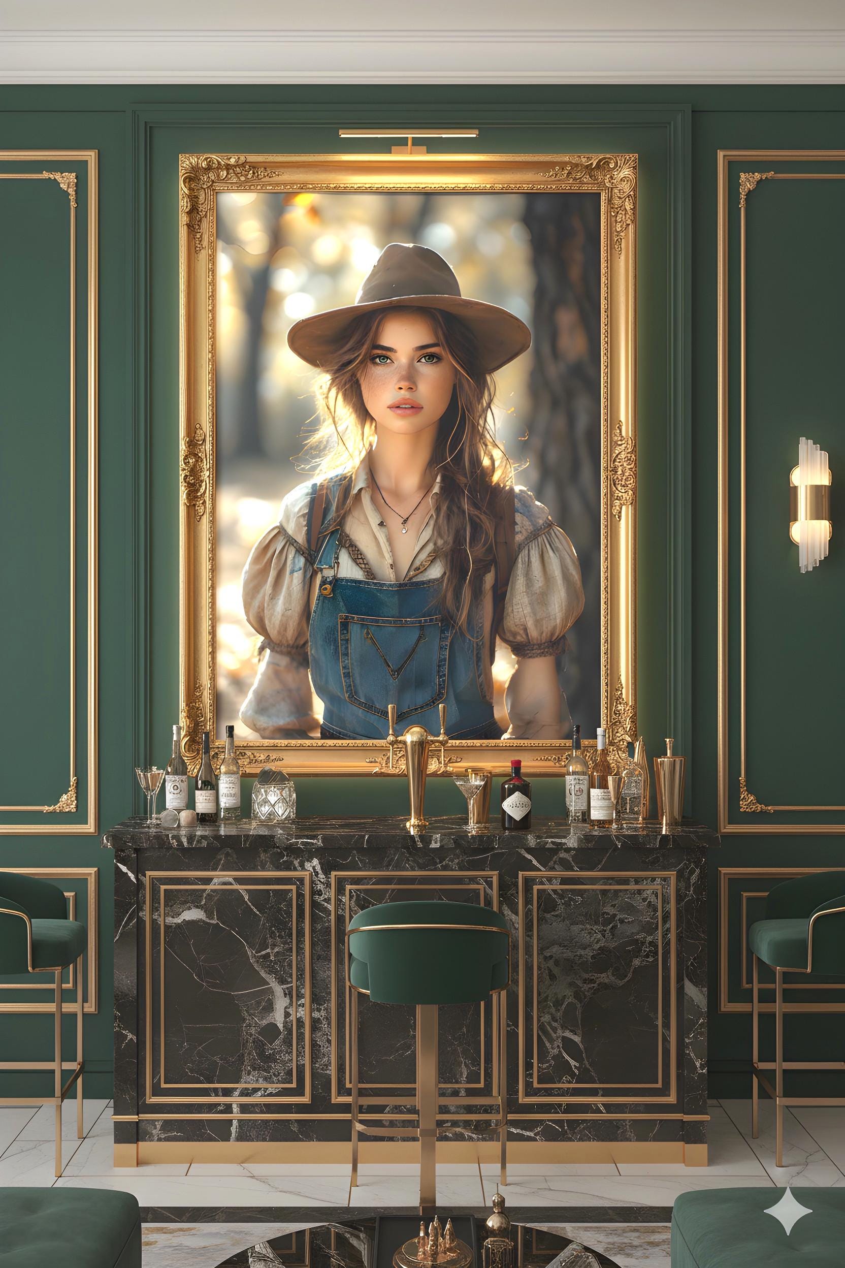 16K HD Golden Hour Farmgirl Retro Poster featuring a Rustic Cowgirl for a Western Decor Den