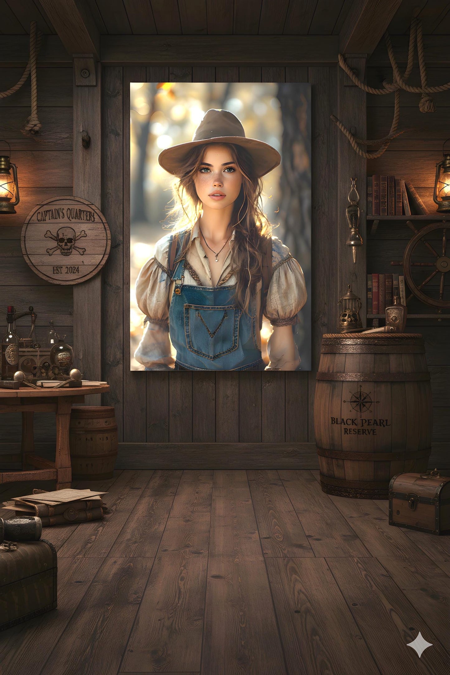 16K HD Golden Hour Farmgirl Retro Poster featuring a Rustic Cowgirl for a Western Decor Den