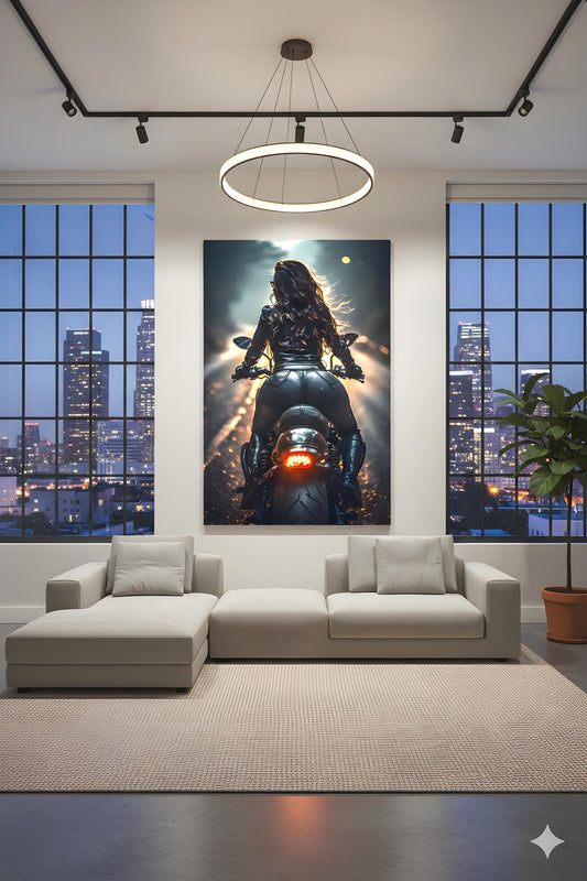 Biker Woman Art | 16K HD Poster Print | Bar Wall Art | Man Cave Decor | Gamer Gifts | Unique Home Decor