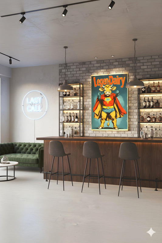 May include: Interior of a bar with a dark wood counter, three bar stools, and a green sofa. A neon sign displays "LAST CALL". A poster of a cow superhero is on the brick wall. Shelves display bottles and glasses.