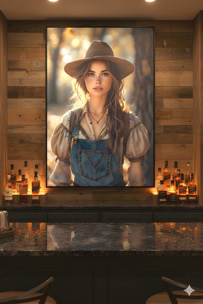 16K HD Golden Hour Farmgirl Retro Poster featuring a Rustic Cowgirl for a Western Decor Den