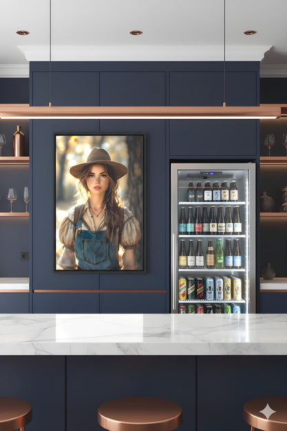 16K HD Golden Hour Farmgirl Retro Poster featuring a Rustic Cowgirl for a Western Decor Den