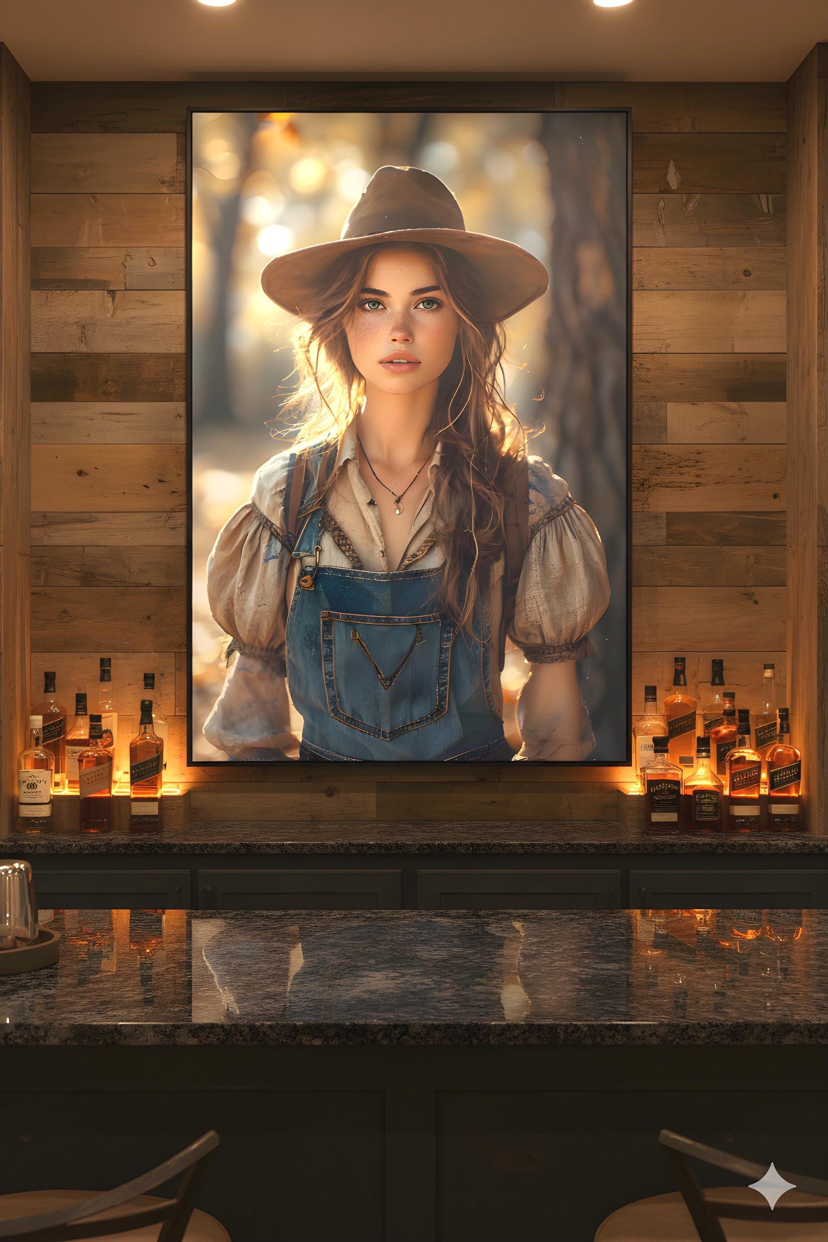 16K HD Golden Hour Farmgirl Retro Poster featuring a Rustic Cowgirl for a Western Decor Den