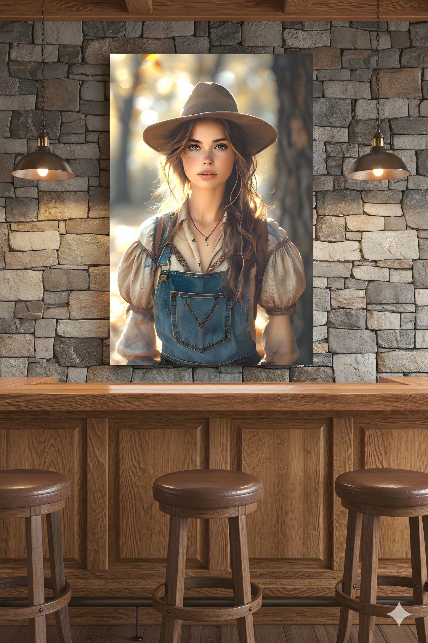 16K HD Golden Hour Farmgirl Retro Poster featuring a Rustic Cowgirl for a Western Decor Den