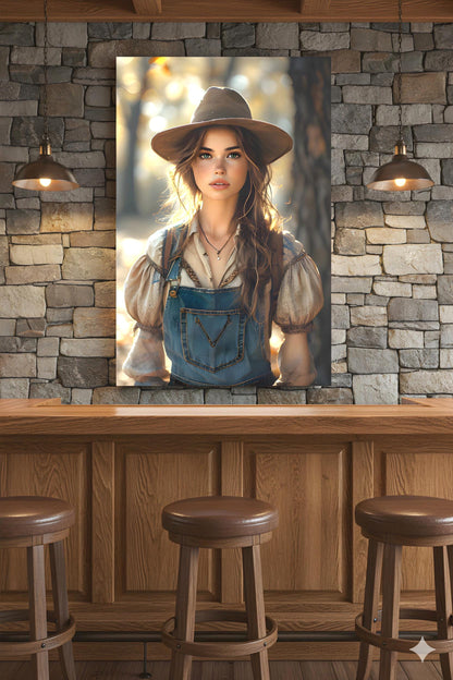 16K HD Golden Hour Farmgirl Retro Poster featuring a Rustic Cowgirl for a Western Decor Den