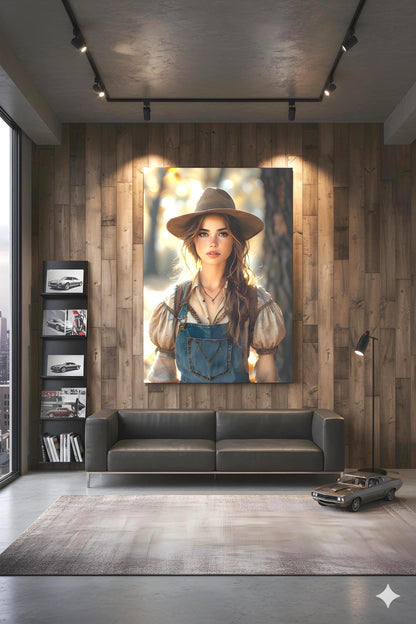 16K HD Golden Hour Farmgirl Retro Poster featuring a Rustic Cowgirl for a Western Decor Den