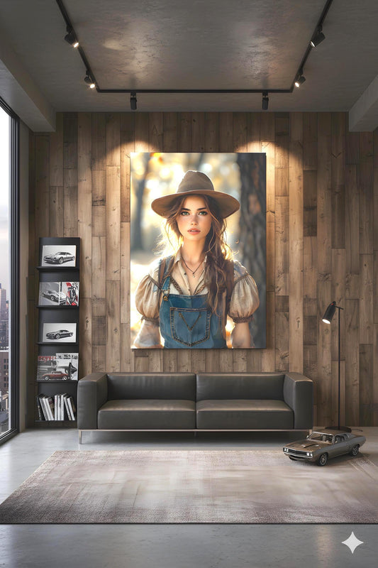 16K HD Golden Hour Farmgirl Retro Poster featuring a Rustic Cowgirl for a Western Decor Den