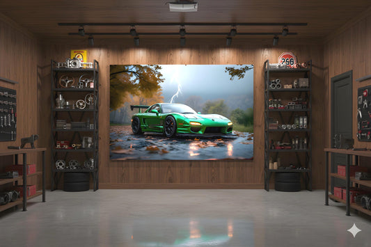 16K HD Green FD RX7 Lightning Strike Retro Poster for a Classic Car Enthusiast Workshop